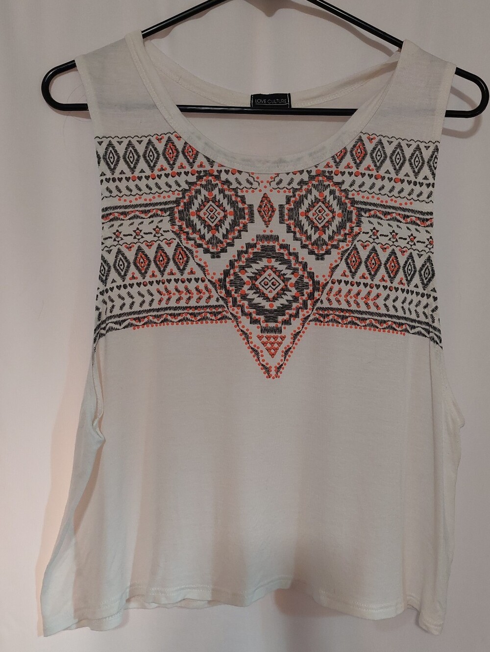 Love Culture White Tank with Coral and Black Aztec Motif